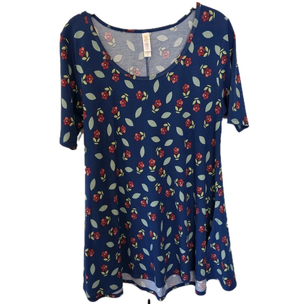 LuLaRoe Tunic Top Womens XS Blue Floral Short Sleeve Scoop Neck Side Slit 0013